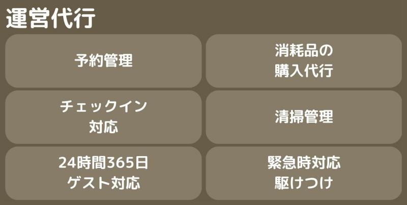 運営代行（予約管理／チェックイン対応／24時間365日ゲスト対応／消耗品の購入代行／清掃管理／緊急時対応駆けつけ）